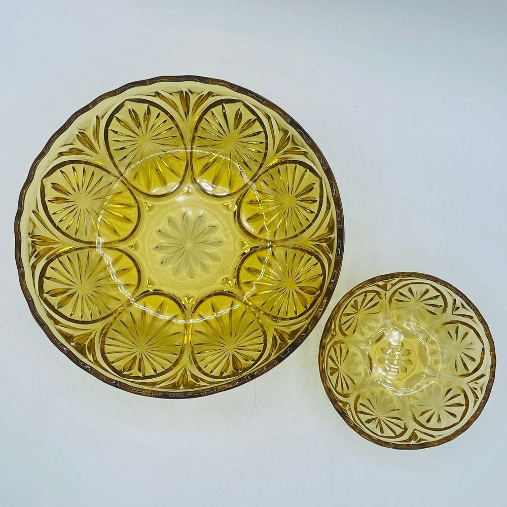 Vintage Anchor Hocking Chip & Dip Amber Golden Yellow Glass Bowl Set Starburst